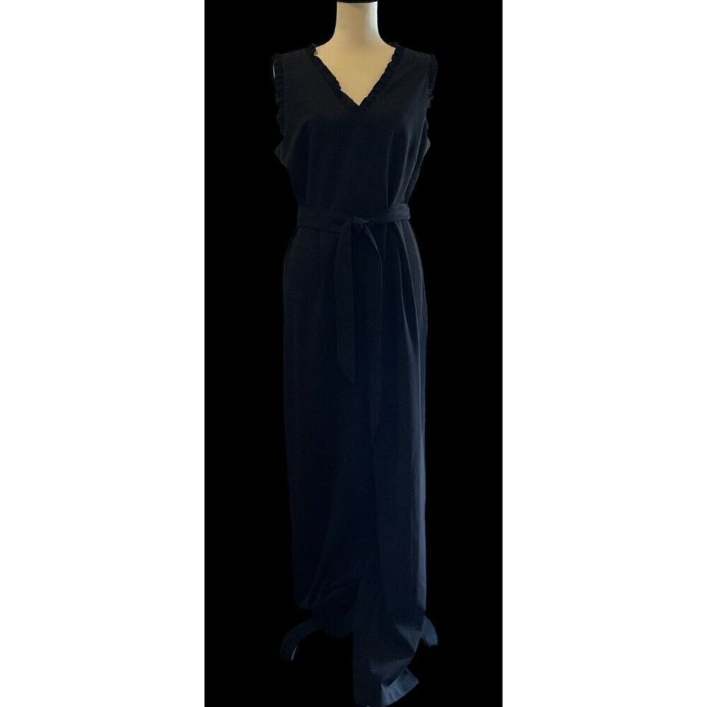 Emma & Michele Womens V Neck Ruffle Jumpsuit Size 10 Black Zipper Tie - Picture 8 of 16